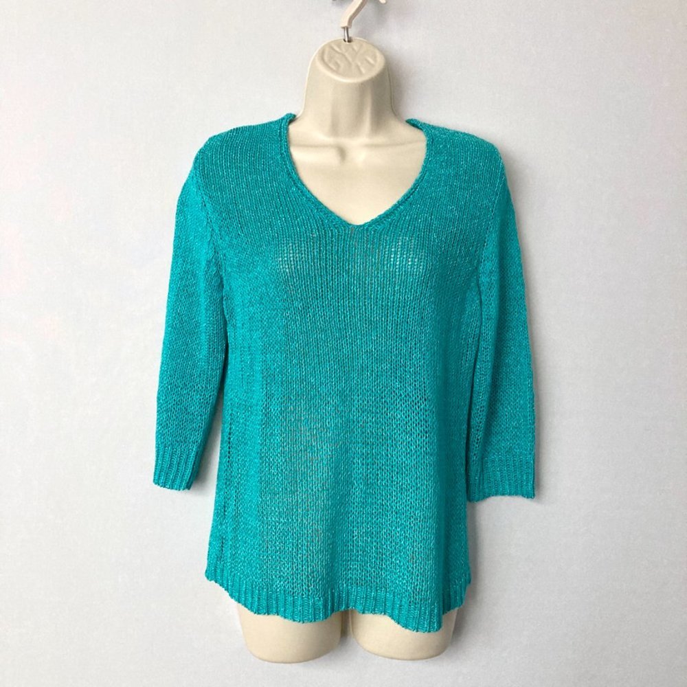OLSEN Europe Turquoise Blue Crochet V-neck Top - Picture 3 of 5